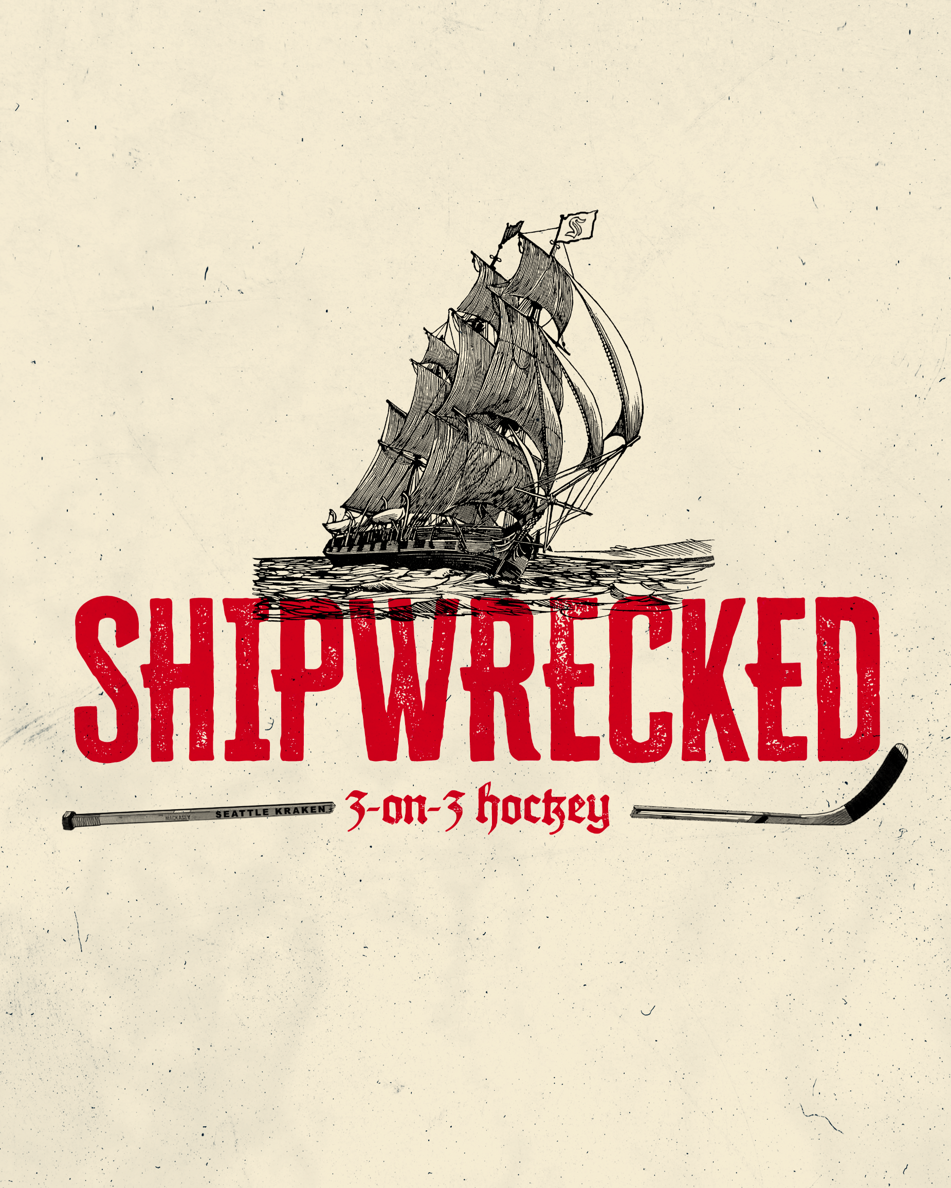 Graphic with Ship logo that says Shipwrecked three on three hockey 