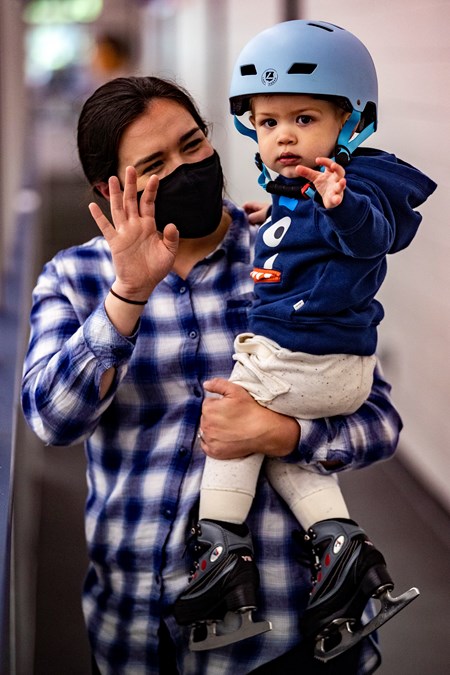 Mom and son in skates