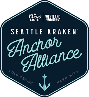 Image with Coors Light and Westland Whiskey logos that says Seattle Kraken Anchor Alliance, cold drinks, hard hits.